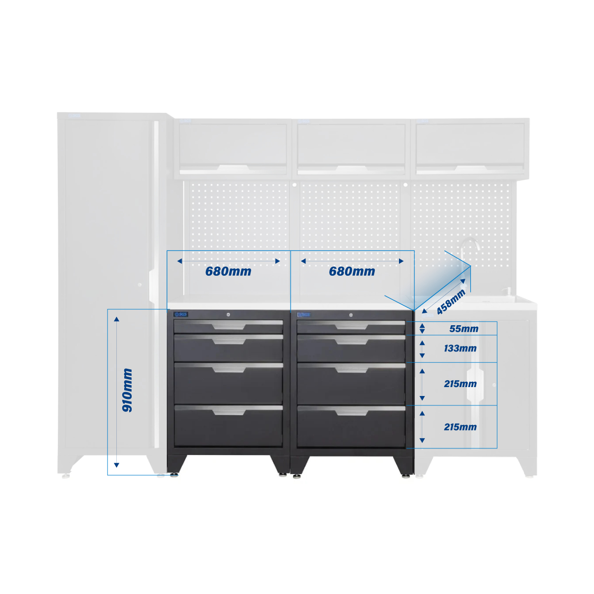 SGS 10pc Modular Garage Storage | 8 Drawers | Stainless Steel Worktop | Tall Single Cabinet | Sink Unit | 3x Upper Cabinets